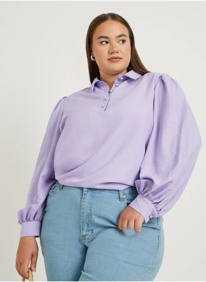 ستايلي Plus Size Textured Balloon Sleeve Regular Fit Popover Shirt
