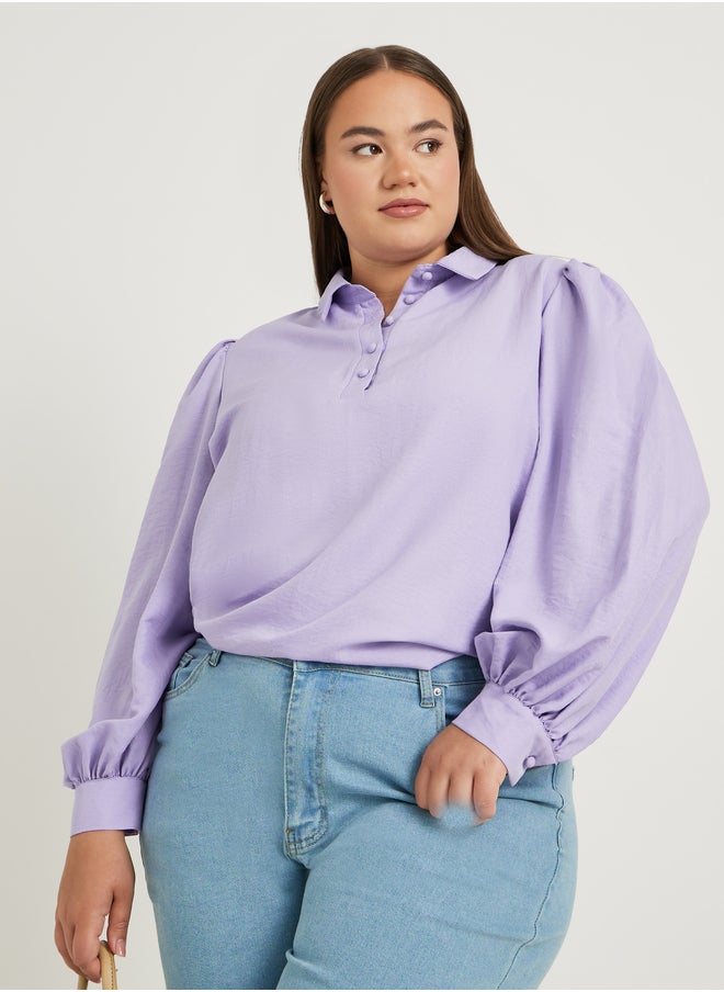 Styli Plus Size Textured Balloon Sleeve Regular Fit Popover Shirt  - Image 1