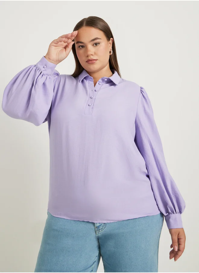 ستايلي Plus Size Textured Balloon Sleeve Regular Fit Popover Shirt