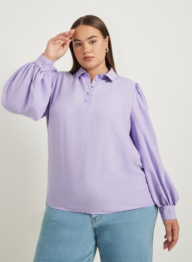 ستايلي قميص بوب أوفر بقصة عادية وأكمام بالون بنقوش بارزة للمقاسات الكبيرة - Image 2