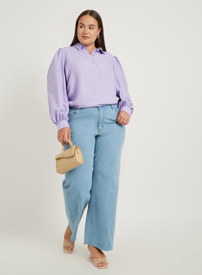 ستايلي قميص بوب أوفر بقصة عادية وأكمام بالون بنقوش بارزة للمقاسات الكبيرة - Image 3