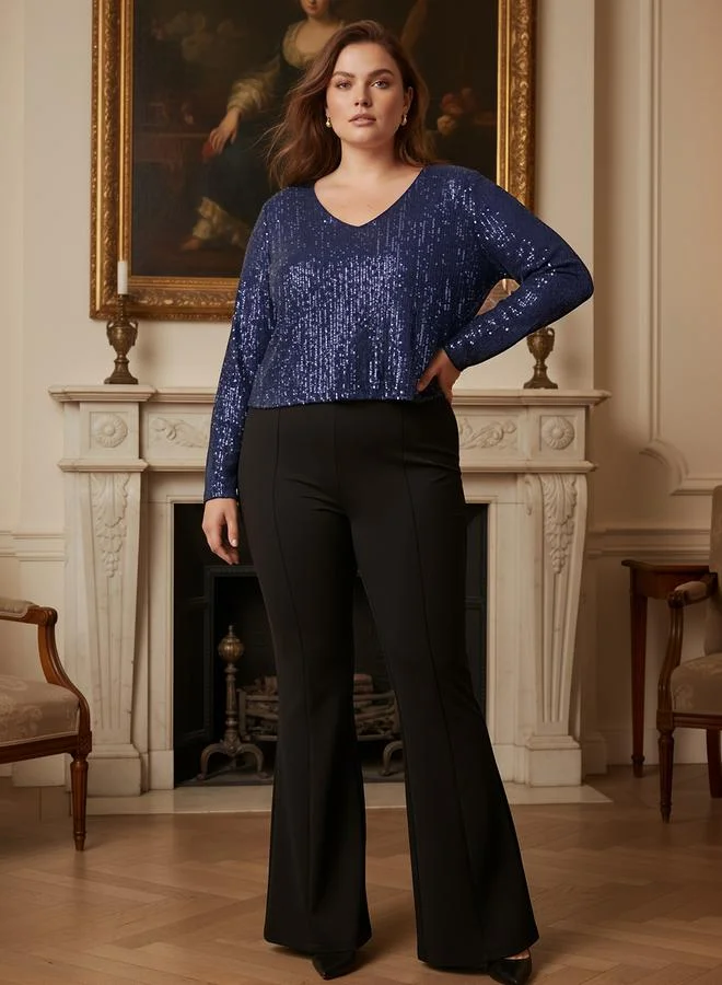 Globus Plus Size Navy Blue Sequin V Neck Long Sleeve Top