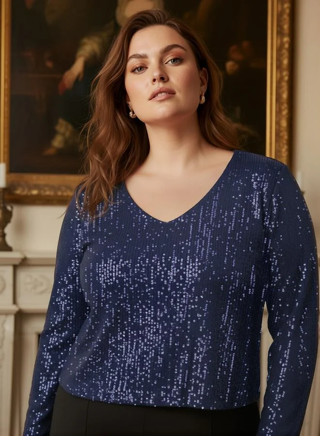 Globus Plus Size Navy Blue Sequin V Neck Long Sleeve Top
