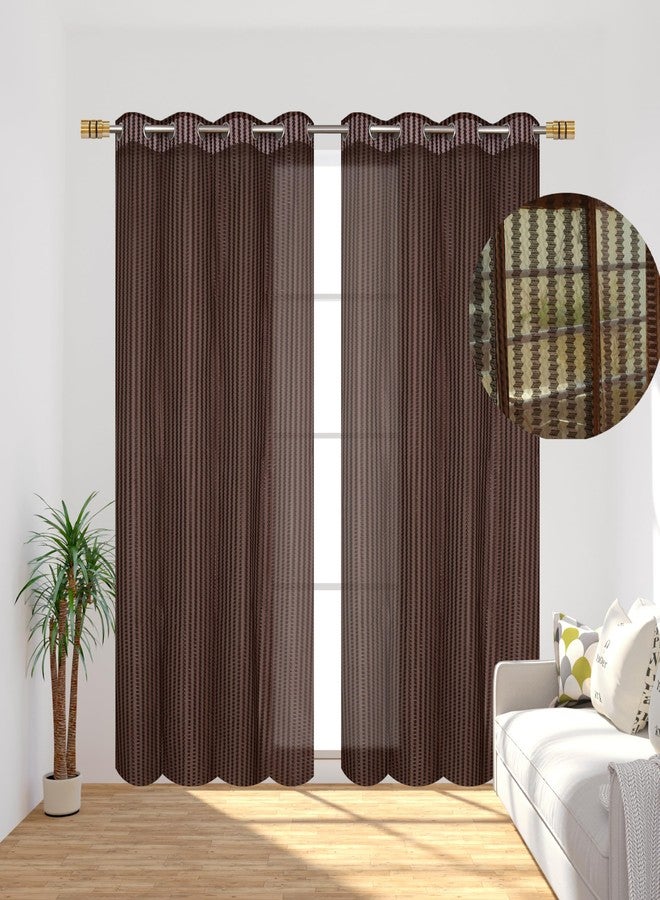 YUKANY Zig Zac Tissue Transparent Plain Net Sheer Door & Windows Grommets Curtains | Parda | Pack of 2 (Coffee Brown, 4 x 5 ft) - Image 2