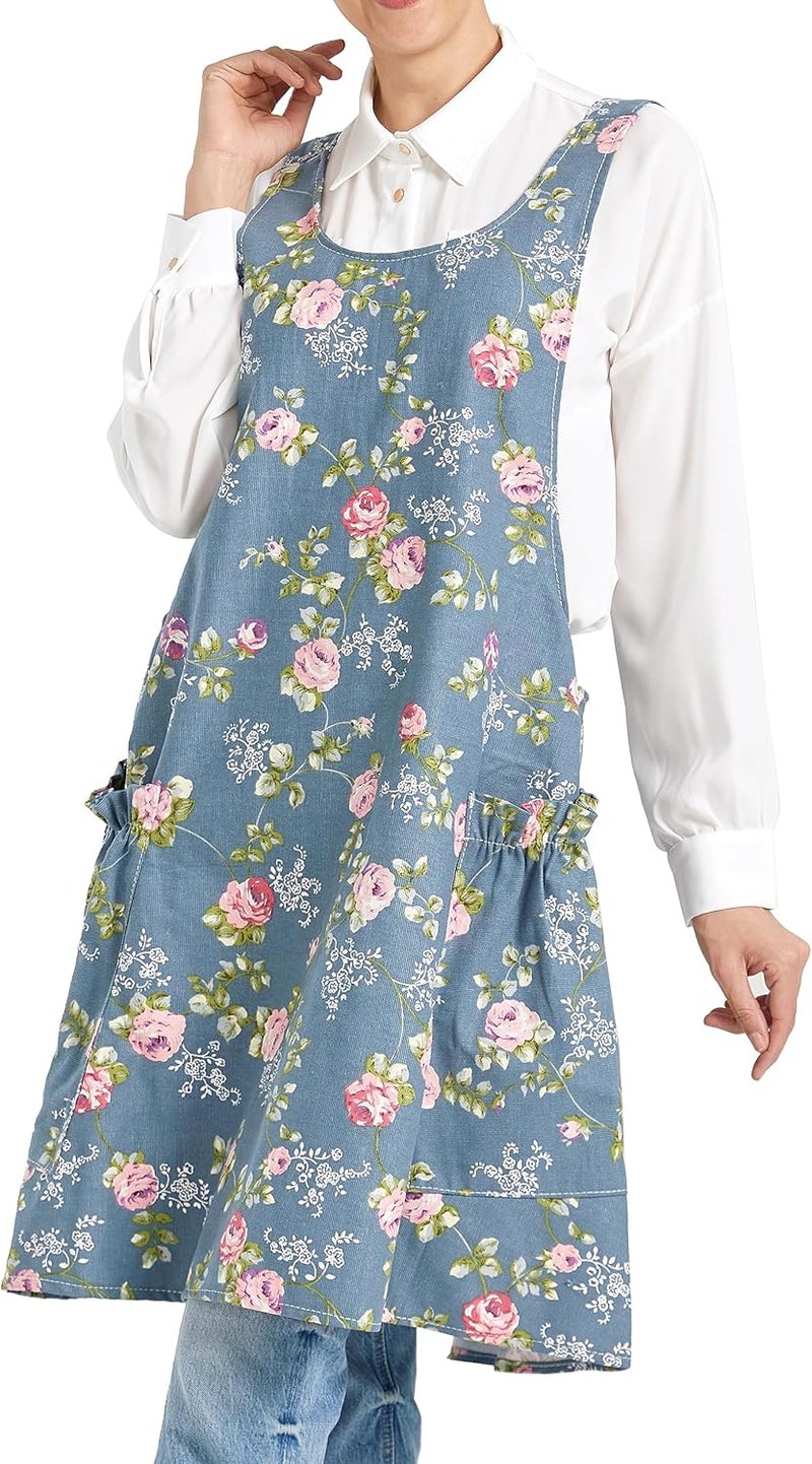 APRONNER Cozy Adjustable Cross Back Aprons for Women with Pockets Cotton Linen Cooking Kitchen Baking - Image 1