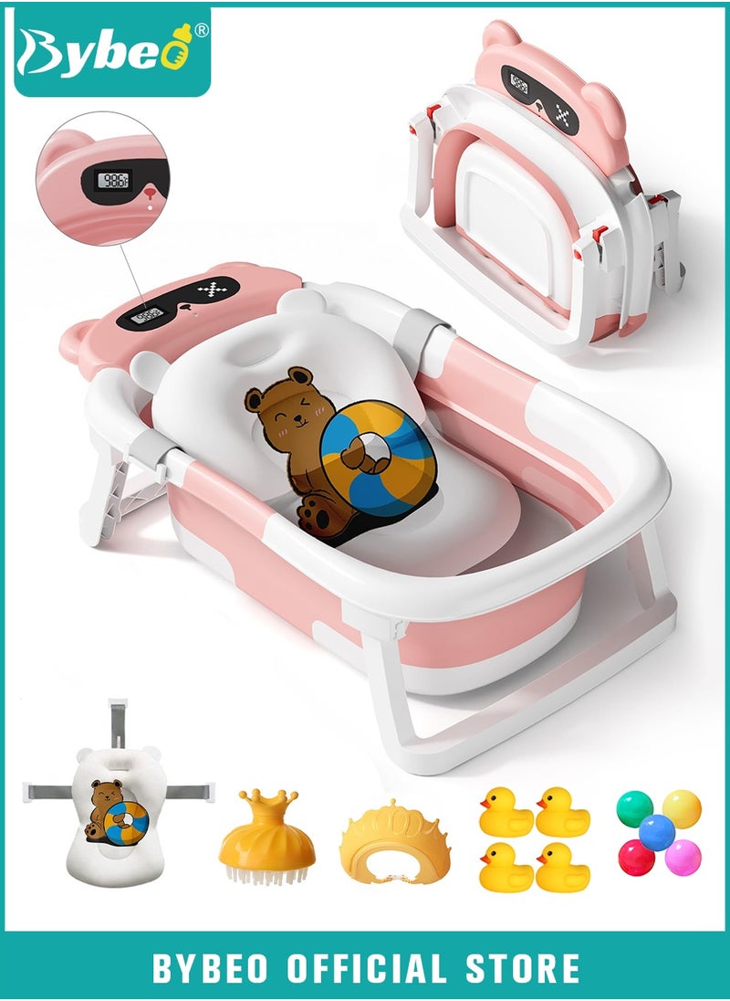 Bybeo 13 PCS Baby Bath Tub Foldable Bathtub With Temperature Sensing + Bathmat Cushion + Shower Cap + Washing Hair Shower Shampoo Cup *1 + Duckling toys *4 + Ocean Balls *5  - Image 1
