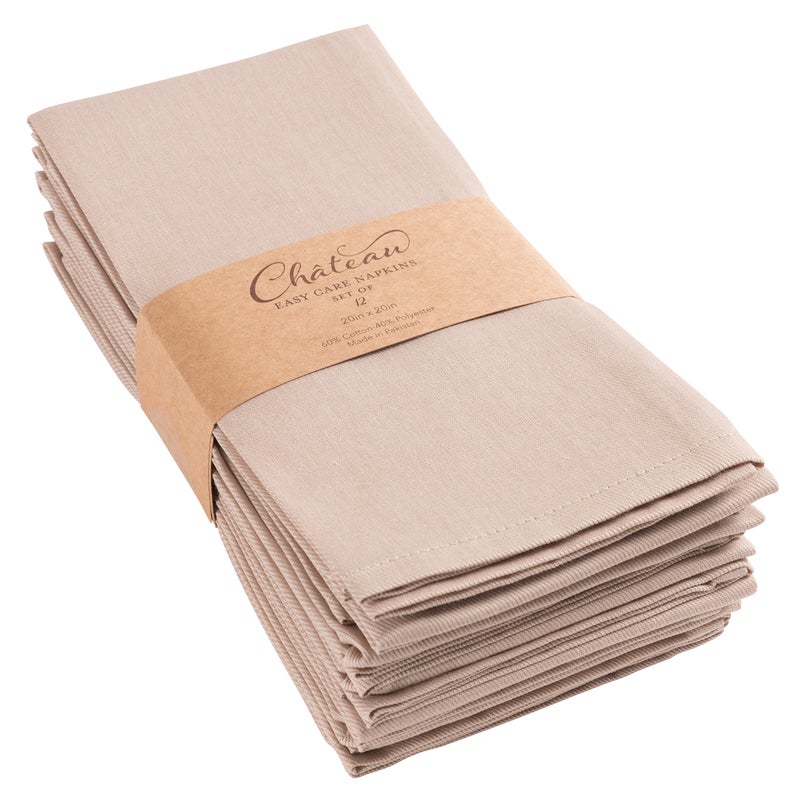 KAF Home Chateau EasyCare Cloth Dinner Napkins  Set of 12 Oversized 20 x 20 inches Taupe