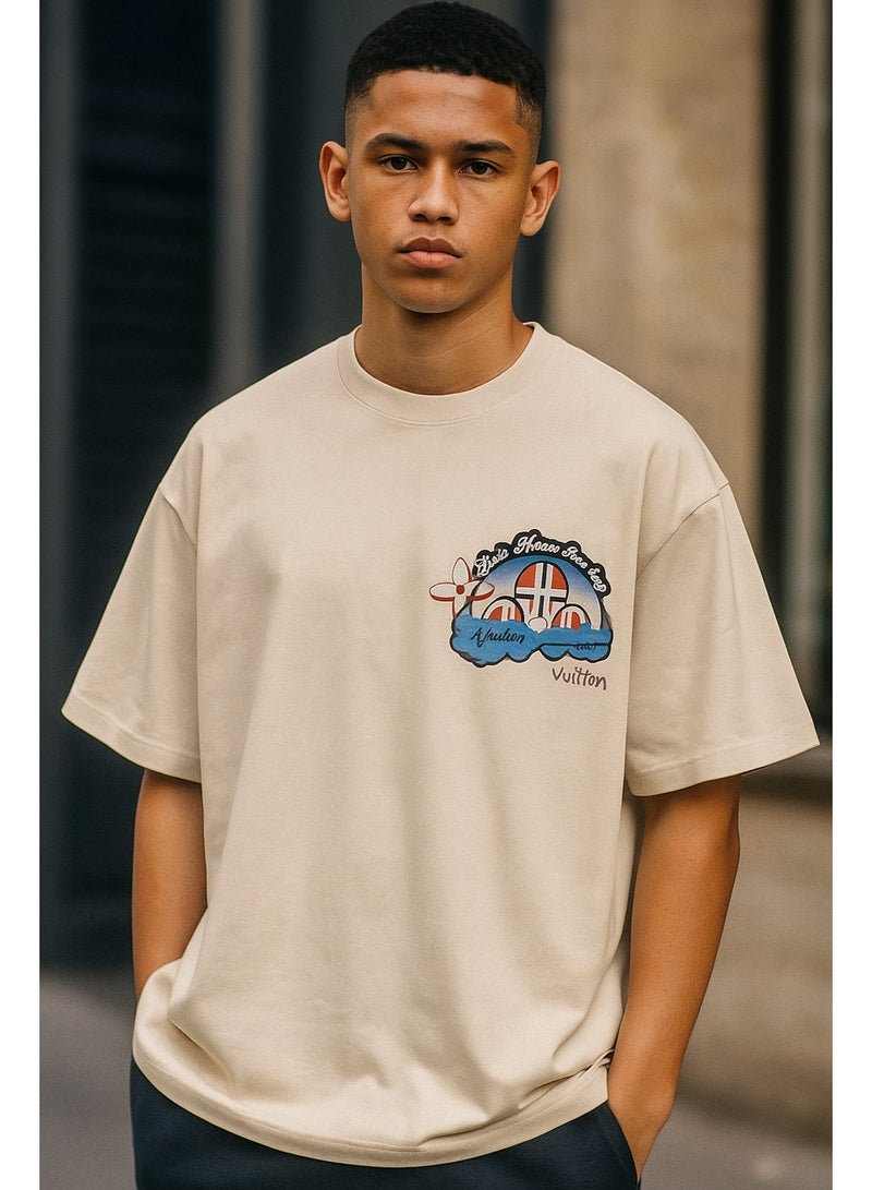 لويس فويتون تيشيرت أفرسايز رجالي بيچ بتصميم جرافيك عصري وخامة قطن ممتاز ستريت وير للشباب - Image 1