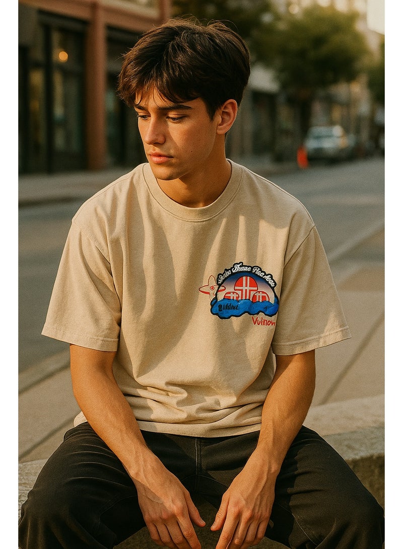 لويس فويتون تيشيرت أفرسايز رجالي بيچ بتصميم جرافيك عصري وخامة قطن ممتاز ستريت وير للشباب - Image 3