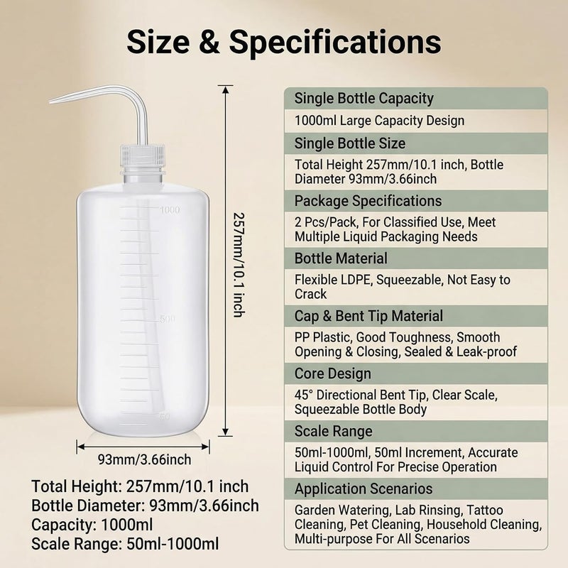 UPSTORE 2Pcs 1000ml Plastic Safety Wash Bottle with Narrow Mouth Translucent Squeeze Measuring Bottle Empty Bent Tip Storage Containers For Gardening Plant Watering Lab Industry Tattoo Wash One piece build - Image 2