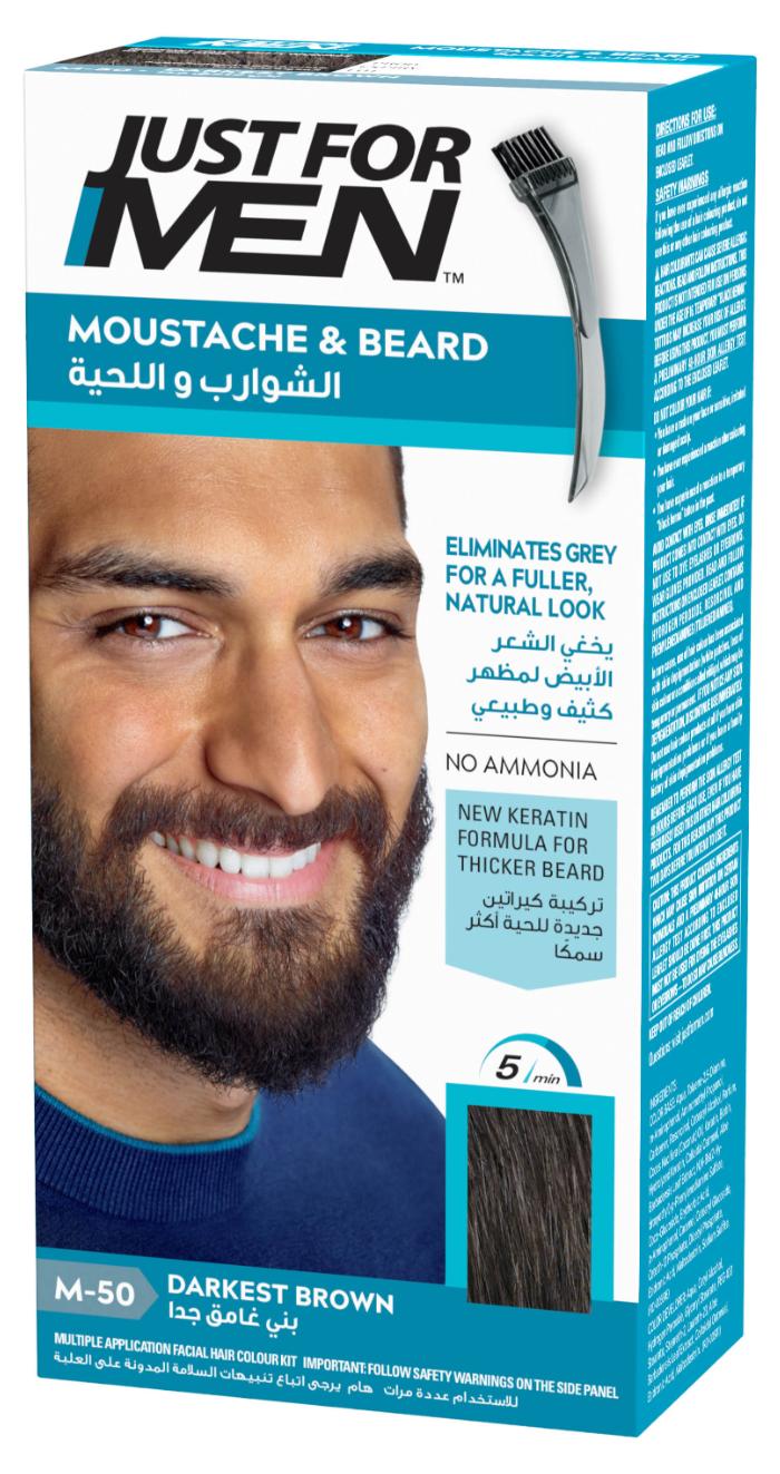 Just For Men شعر الشارب واللحية - صبغة لحية للرجال، بني داكن، M-50، صيغة جل مرطب مع البيوتين، الألوة، وزيت جوز الهند، تشمل فرشاة التطبيق - Image 1