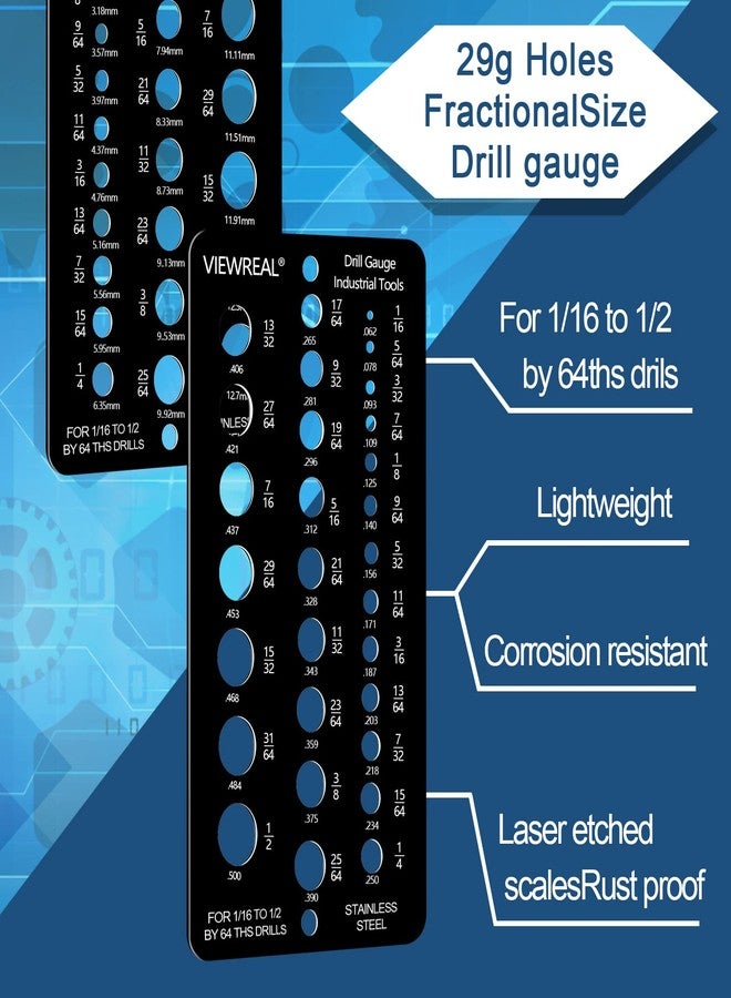 ViewReal 2 Pieces Drill Bit Size Gauge Drill Bit Guide Stainless Steel Drill Gauge 29 Holes Metal Drill Size Gauge Tool for 1/16 Inch to 1/2 Inch Size Bits Measurement (Black) - Image 2
