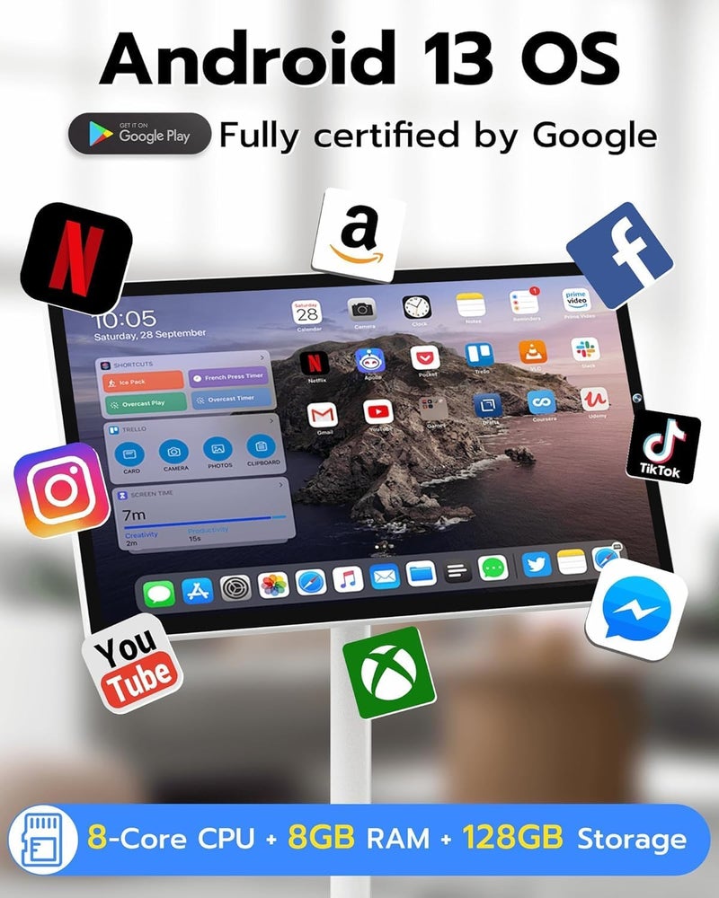 24 Inch Rolling Smart TV with 1080P Touch Screen | Android 13 OS | MTK 8-core CPU | 6G+128G Storage | Built-in 13MP Camera | Remote Voice Control | Full Rotation Portable TV on Wheels - Image 4