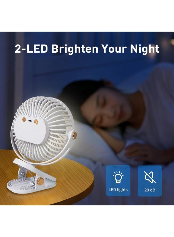مروحة محمولة بمشبك مع أضواء LED، تعمل بالبطارية وقابلة للشحن عبر USB، مروحة مكتب صغيرة هادئة بـ 5 سرعات، دوران 360°، لتبريد شخصي في المنزل أو المكتب أو عربة الأطفال أو التخييم - Image 3