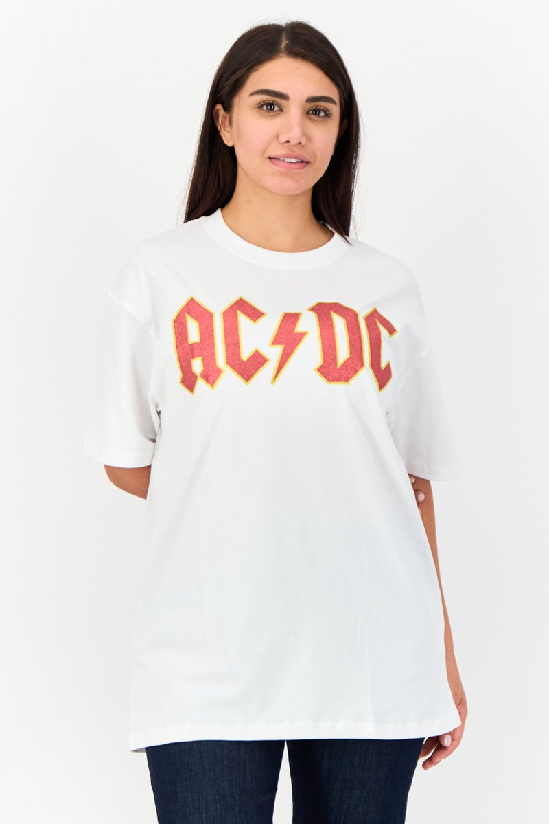 AC/DC Women Oversized Fit Round Neck Short Sleeve Brand Logo T-Shirt, White - Image 1