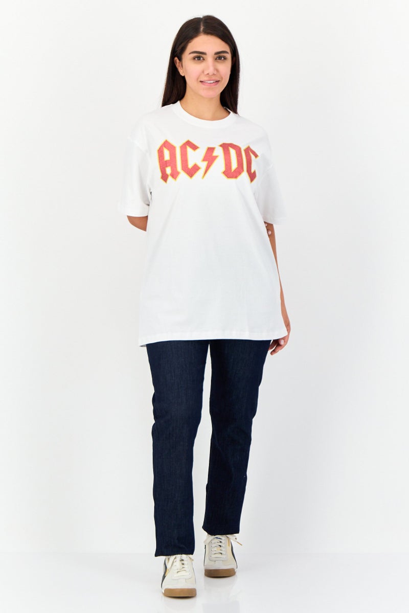 AC/DC Women Oversized Fit Round Neck Short Sleeve Brand Logo T-Shirt, White - Image 3