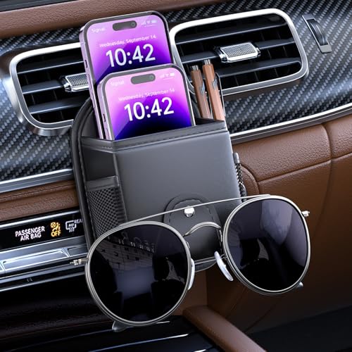 iLulala Car Air Vent Storage Bag Organizer Pocket Sunglass Holder Car Mount Phone Holder Coin Key Card Case Organizer with Clip Car Air Vent Phone Holder Coin Key Card Case Organizer Black - Image 1