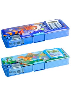 Henoyso 2 Pcs Multifunction Pencil Case With Calculator And Pencil Sharpener Sport Pencil Box For Boys Plastic Dinosaur Multifunction Stationery Organizer Box School Gift For Kids Teens Supplies  - Image 1