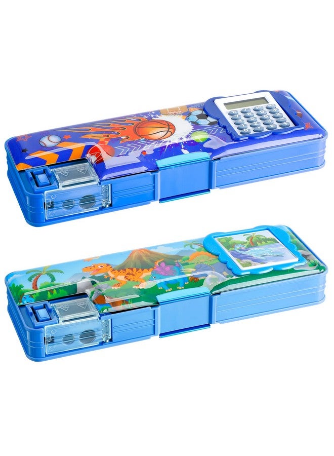 Henoyso 2 Pcs Multifunction Pencil Case With Calculator And Pencil Sharpener Sport Pencil Box For Boys Plastic Dinosaur Multifunction Stationery Organizer Box School Gift For Kids Teens Supplies - Image 1