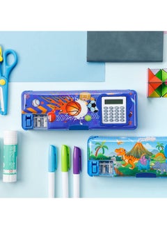 Henoyso 2 Pcs Multifunction Pencil Case With Calculator And Pencil Sharpener Sport Pencil Box For Boys Plastic Dinosaur Multifunction Stationery Organizer Box School Gift For Kids Teens Supplies  - Image 4