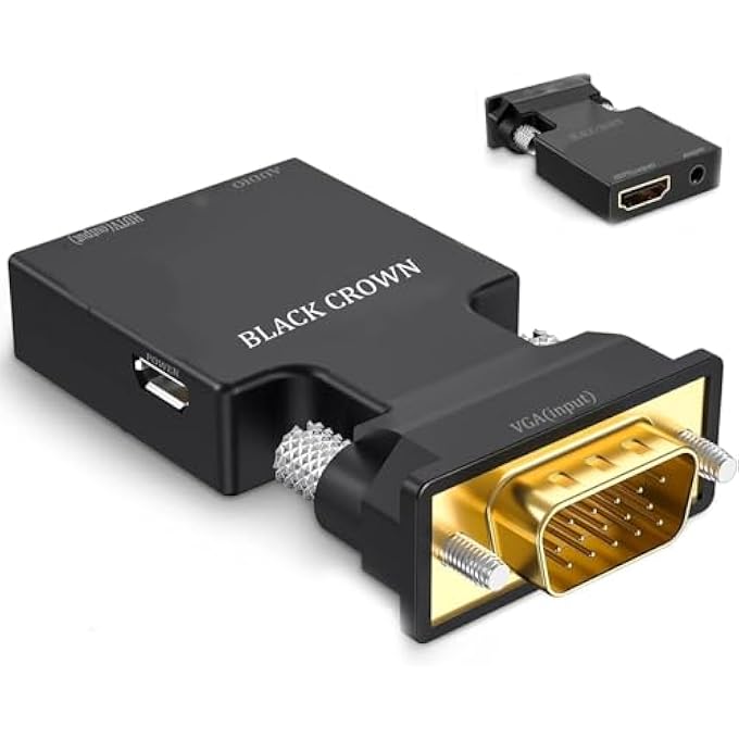 Black Crown COMPATIBLE VGA TO HDMI ADAPTER CONVERTER WITH AUDIO MALE VGA IN FEMALE HDMI VIDEO DONGLE ADAPTER COMPATIBLE WITH COMPUTER, LAPTOP, PROJECTOR. - Image 1