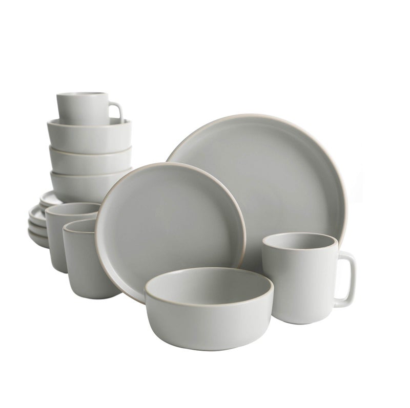 Gibson Home Zuma 16 Piece Round Kitchen Dinnerware Set Dishes Plates Bowls Mugs Service for 4 Matte Stoneware Light Grey