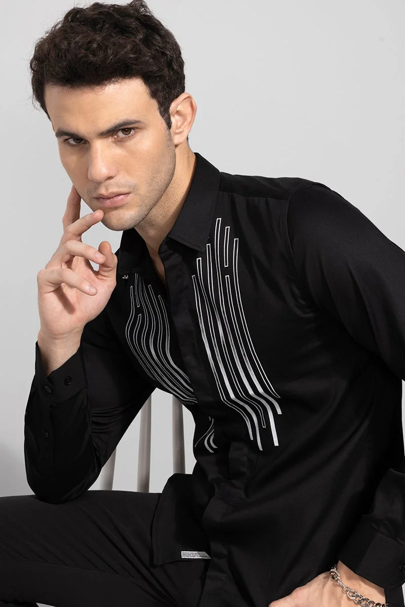 SNITCH Black Geometric Long Sleeve Slim Fit Streetwear Shirt