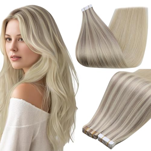 Full Shine Seamless Tape in Hair Extensions Human Hair,18/22/60 Balayage Blonde,20Inch 50G 20Pcs,Invisible Lightweight Tape Extensions for Natural Looking Hair,Long Lasting Tape in Extensions - Image 1