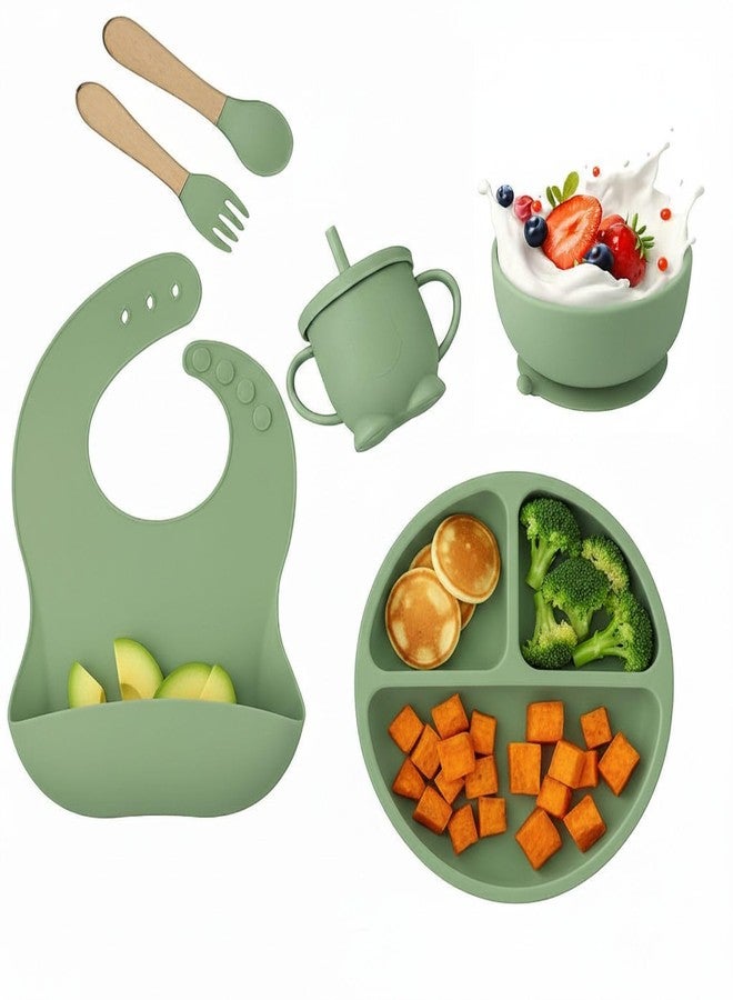 SKYFUN (LABEL) Silicone Baby Feeding Set with Suction Plate Bowl Sippy Cup Bib Spoon Fork, Unbreakable Dinnerware for Babies Toddlers (Green) - Image 1