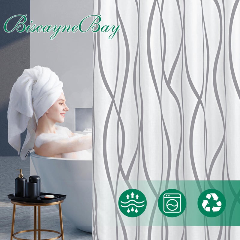Biscaynebay Extra Long Textured Fabric Shower Curtain 72 W x 84 L, Silver Grey Striped Printed Linen Modern Hotel Luxury Quality Cloth Bathroom Curtains Machine Washable - Image 3