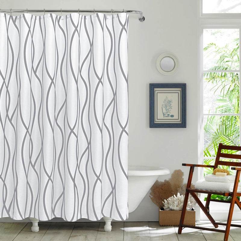 Biscaynebay Extra Long Textured Fabric Shower Curtain 72 W x 84 L, Silver Grey Striped Printed Linen Modern Hotel Luxury Quality Cloth Bathroom Curtains Machine Washable - Image 2