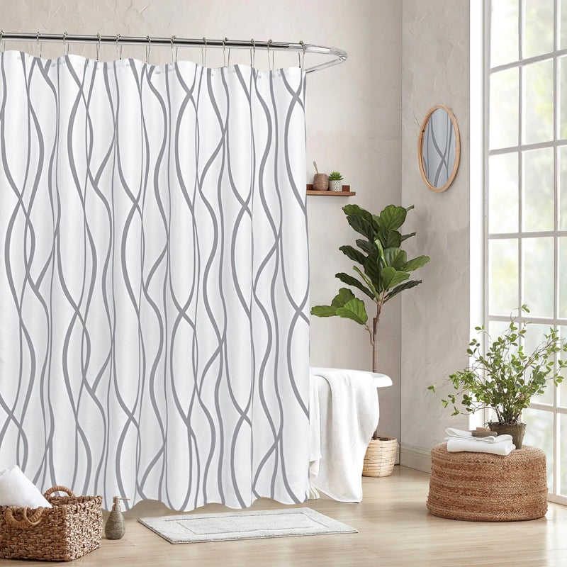 Biscaynebay Extra Long Textured Fabric Shower Curtain 72 W x 84 L, Silver Grey Striped Printed Linen Modern Hotel Luxury Quality Cloth Bathroom Curtains Machine Washable - Image 1