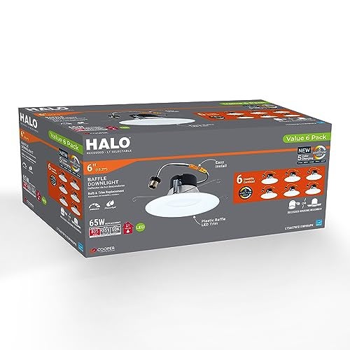 HALO 5 inch / 6 inch LED Recessed Light Trim with 5 Color Temperatures, Dimmable Baffle Can Lights for Ceiling, 6-Pack. 750 Lumens LT56079FS1EWHR6PK - Image 3