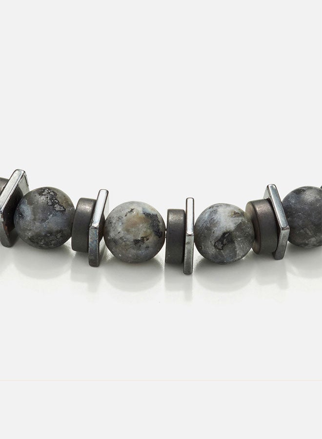 Handmade leather Beaded bracelet for men with natural matte larvikite stones.