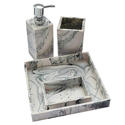Tranquil Square | Bathroom Accessory Set | Glossy White Marble Design | Set of 4 | Soap Holder, Dispenser, Tumbler and Tray - Image 2