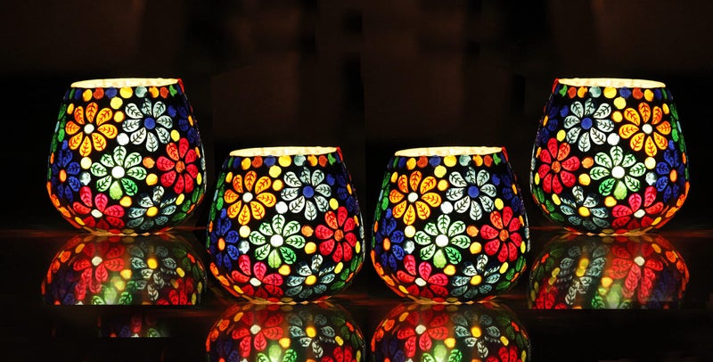 Brahmz® Glass Tea Light Candle Holder Home Decoration Mosaic Multi Color Candle Votive (U Shape Pack of 4) (4) - Image 2
