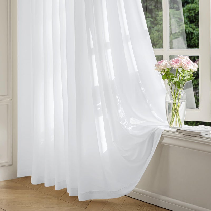 FMFUNCTEX Sheer Non-See-Through White Curtains for Bedroom, Faux Silk That Let Light Curtains 96 inches Long Light Filtering Privacy Sheer Window Drapes for Living Room, Rod Pocket 2 Panels Set - Image 1