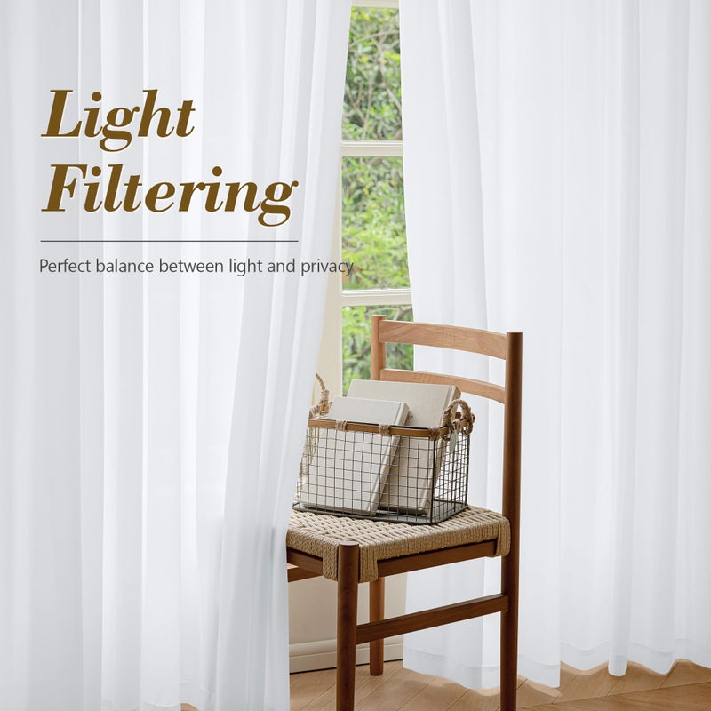 FMFUNCTEX Sheer Non-See-Through White Curtains for Bedroom, Faux Silk That Let Light Curtains 96 inches Long Light Filtering Privacy Sheer Window Drapes for Living Room, Rod Pocket 2 Panels Set - Image 4