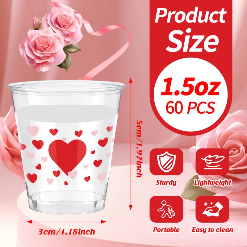 Taikula 60 Pcs 1.5oz Disposable Heart Shot Glasses for Valentine's Day - Romantic Red Pink Plastic Shot Cups Bulk, Couples Celebration & Love Party Decorations (60, Red, Pink Heart) - Image 2