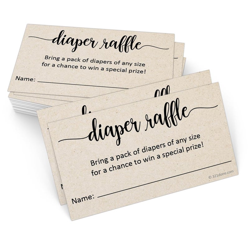 321Done Diaper Raffle Tickets Made in USA 35x2 Kraft Tan With Name Line Baby Shower Game Enter to Win Drawing Prize Small Pack of 50