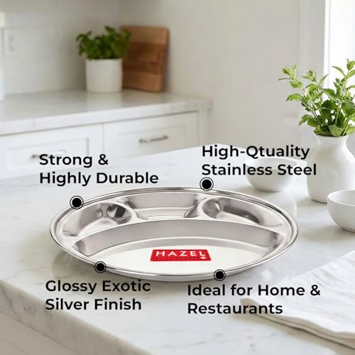 HAZEL Stainless Steel Round Dinner Plate with 4 Compartment Mess Plate Lunch Dish, Large, 1 Pc Set - Image 4