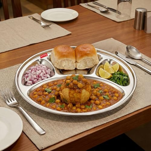 HAZEL Stainless Steel Round Dinner Plate with 4 Compartment Mess Plate Lunch Dish, Large, 1 Pc Set - Image 1
