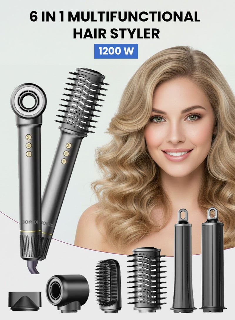 BOMIDI مجفف شعر متعدد الوظائف 6 في 1 – فرشاة مجفف شعر بسرعة 1200 واط مع 2 مكواة تجعيد، مشط تنعيم، فوهة مسطحة وملحق فرشاة تدليك – مجفف شعر بأيونات سلبية لتصفيف بجودة صالون في المنزل - Image 2