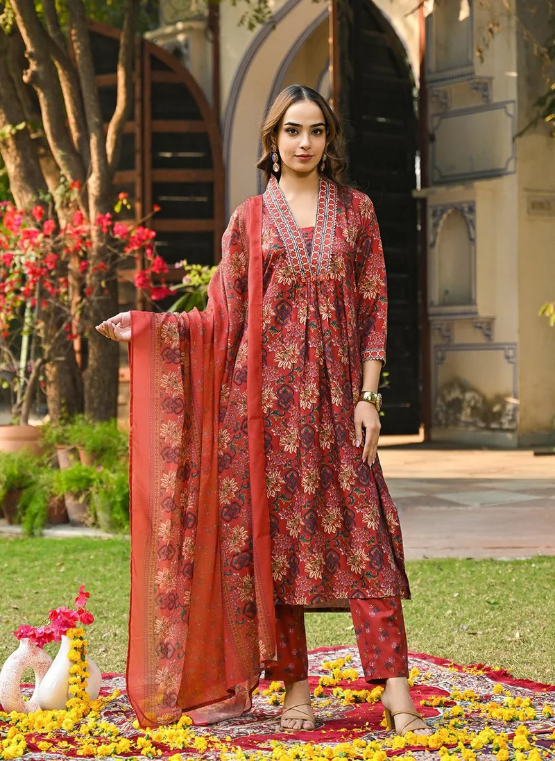 زيري سوق Red Rayon Blend Floral Printed 3-Piece Kurta Set