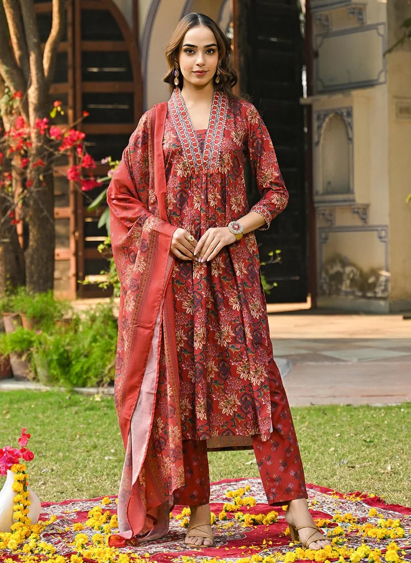 زيري سوق Red Rayon Blend Floral Printed 3-Piece Kurta Set