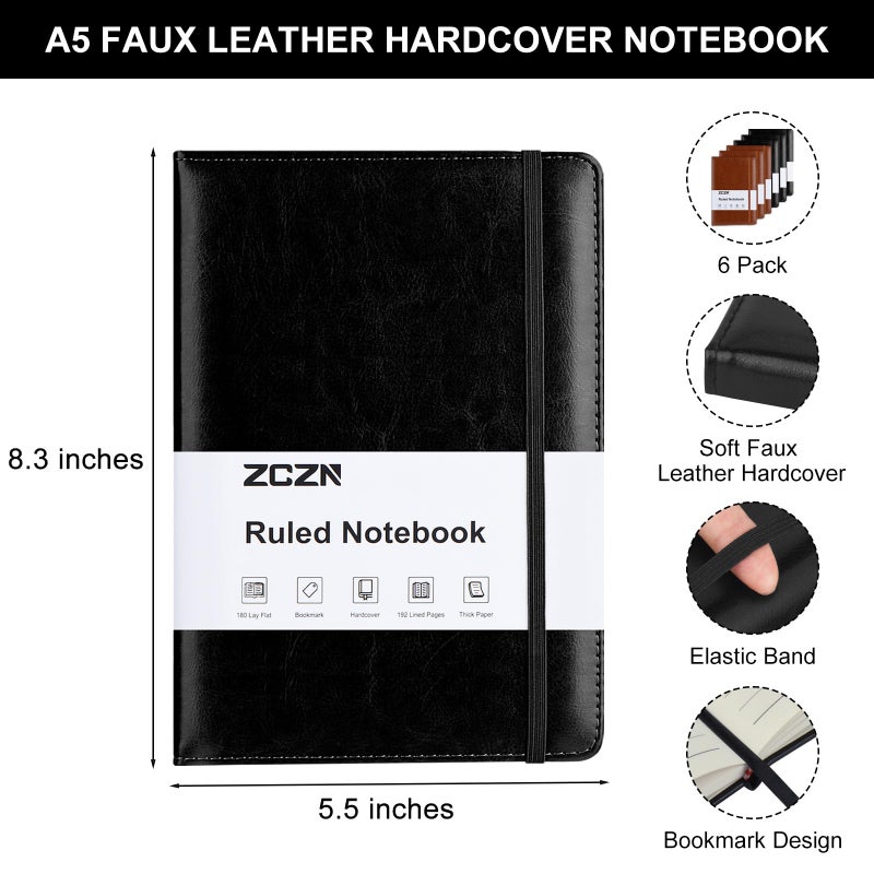 ZCZN 6 Pack Lined Journal Notebooks, 192 Pages A5 Hardcover Leather Journals for Work,Writing,School & Travel, College Ruled Journaling Notebooks for Notes Taking,Diary Notepad (Black*3+Brown*3) - Image 2