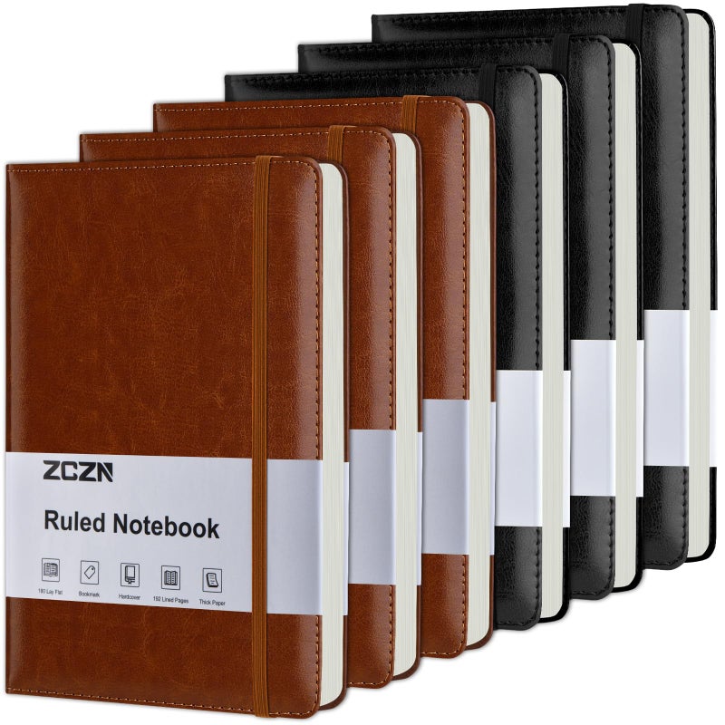 ZCZN 6 Pack Lined Journal Notebooks, 192 Pages A5 Hardcover Leather Journals for Work,Writing,School & Travel, College Ruled Journaling Notebooks for Notes Taking,Diary Notepad (Black*3+Brown*3) - Image 1