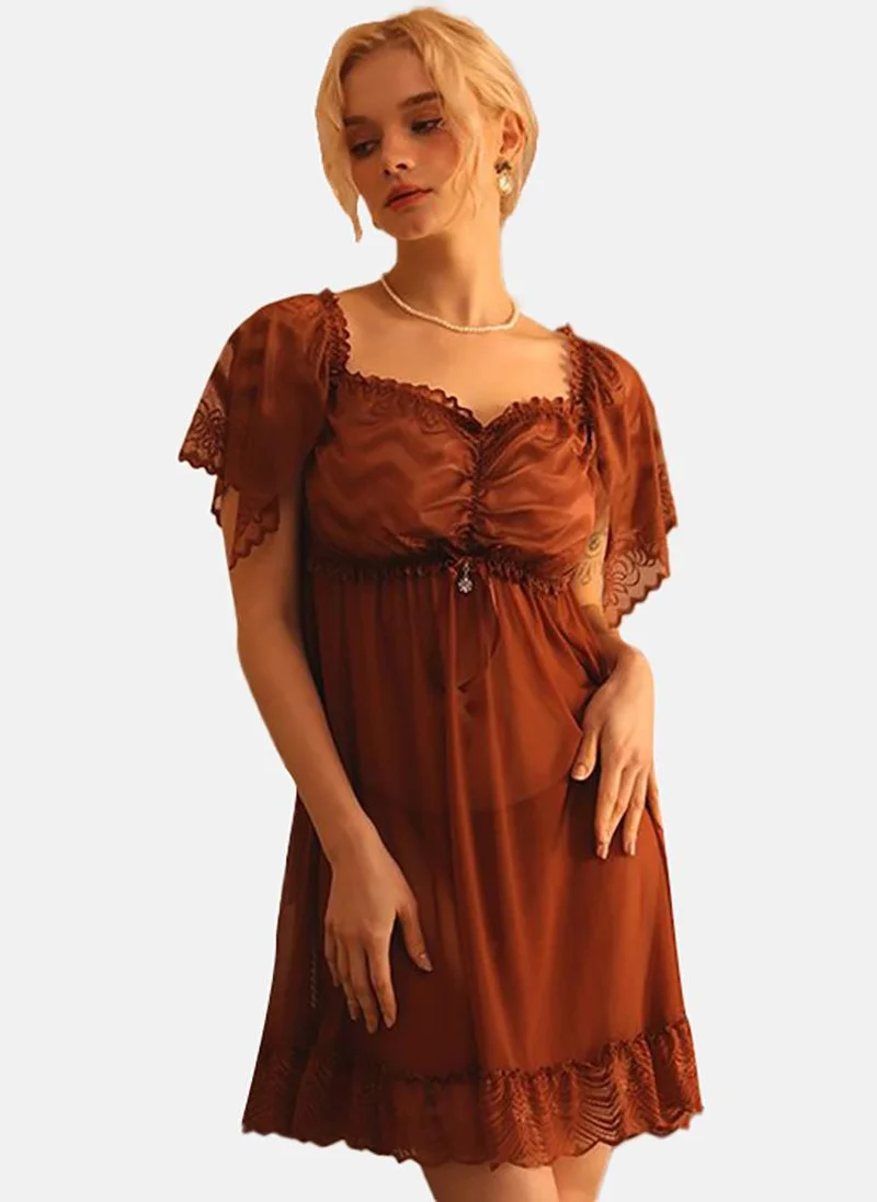 YUNIQEE Brown Solid Babydoll with Briefs