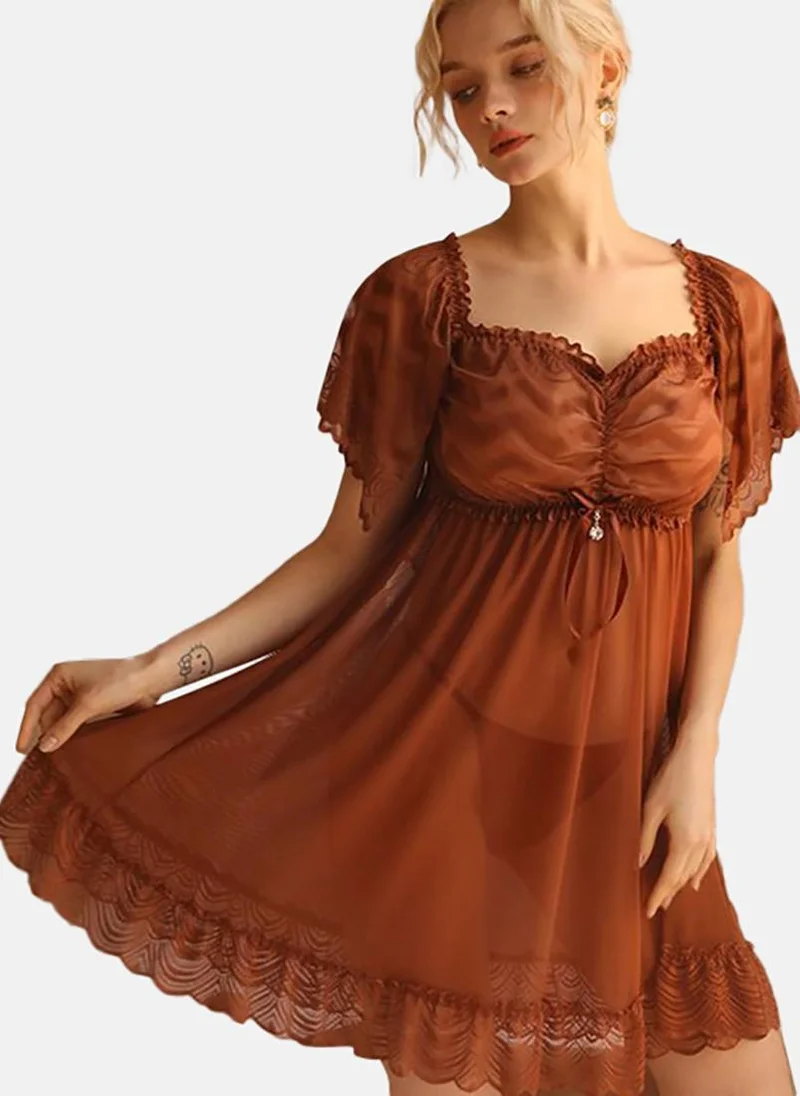 YUNIQEE Brown Solid Babydoll with Briefs