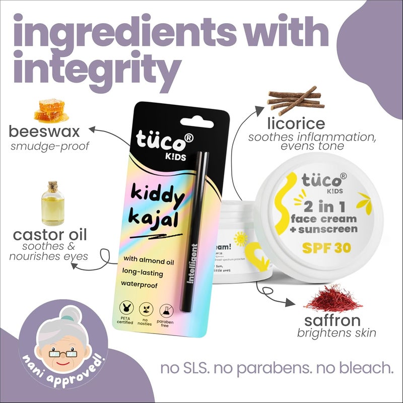 Tuco® Kids Sunscreen Cream SPF 30 (50gm) & Kiddy Kajal | Combo Pack of 2 | Safe for Kids and Baby | UVA/UVB PA++++ | Broad Spectrum | Benzophenone- 3 and Avobenzone Free | Ages 2-5, 5-10, 10-15 | 51 gm | - Image 3